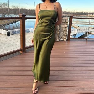 ZARA Green Midi Satin Dress with Rhinestones | NWT